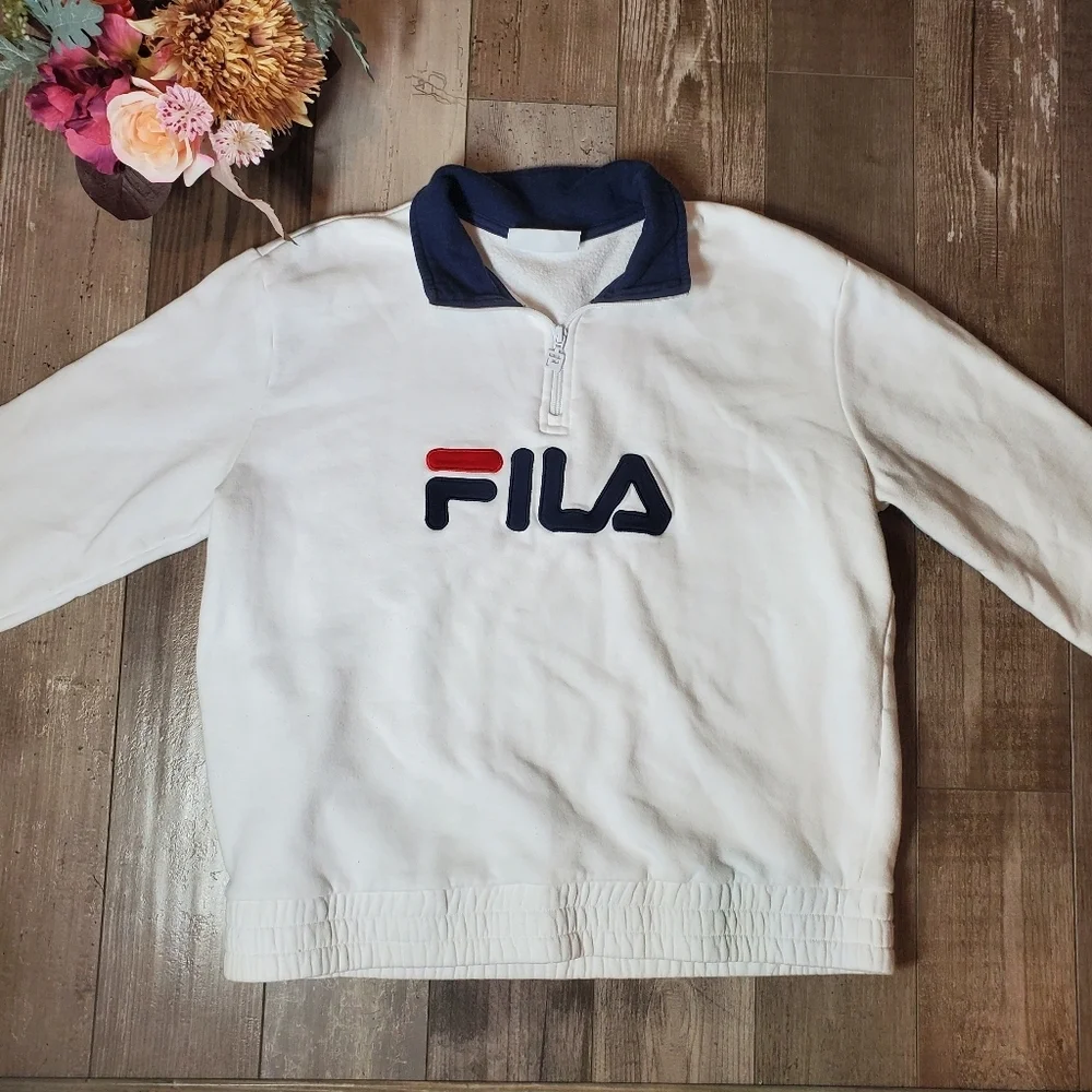 Fila Women's 1/4 Zip Pullover Sweatshirt Size XL White Blue Red EUC - Picture 16 of 16